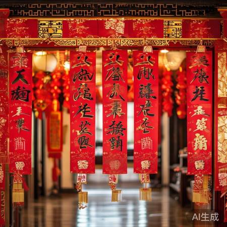 春联寓意吉祥，颜色喜庆。