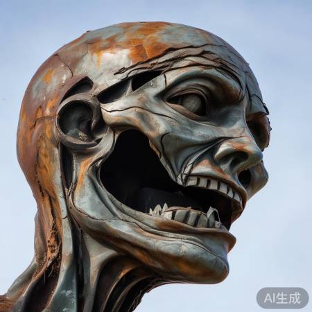 抽象人形雕塑，扭曲脸谱，锈迹沧